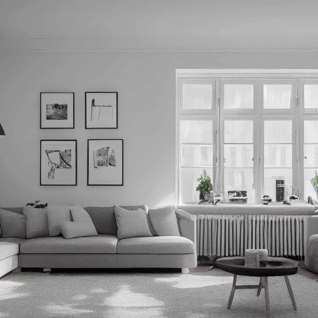 Living room with orange sofa and wooden partition
